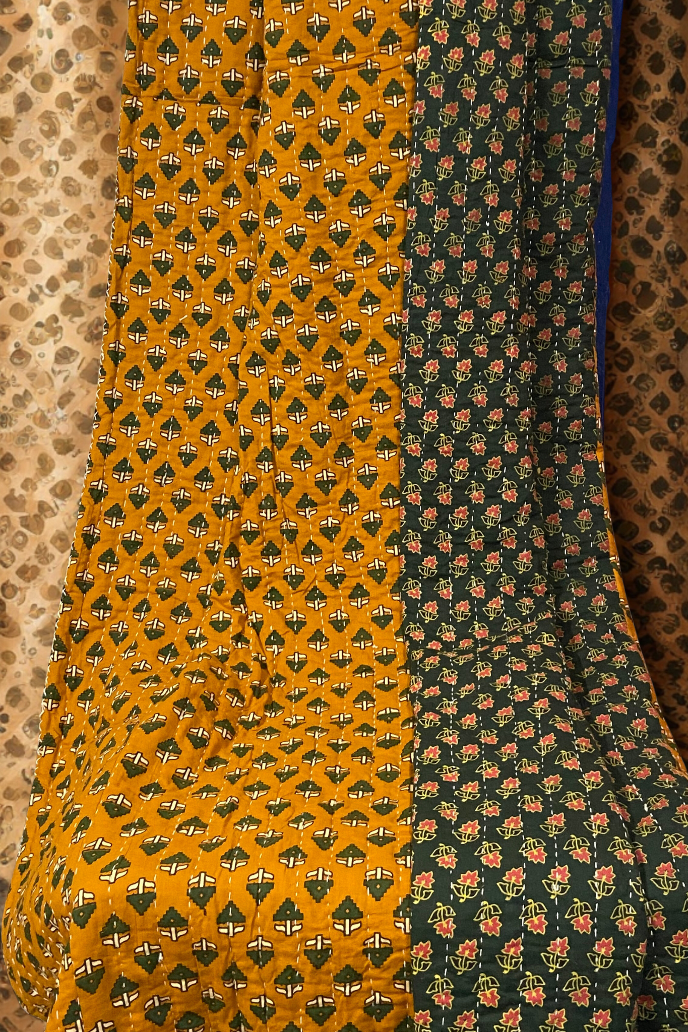 handcrafted reversible mashroo double quilt with filler - Emerald Gold & Blossom