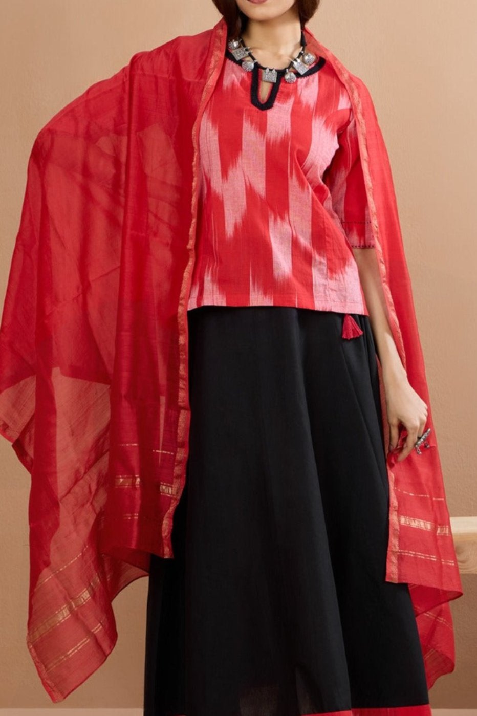 handwoven maheshwari dupatta - fiery orange