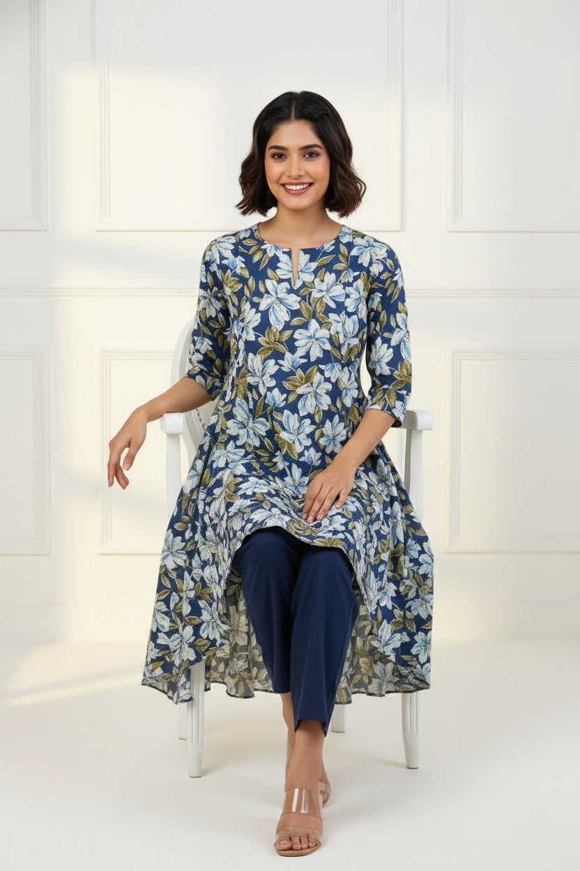 Blue Iris White Blooms Asymmetrical Waterfall Kurta