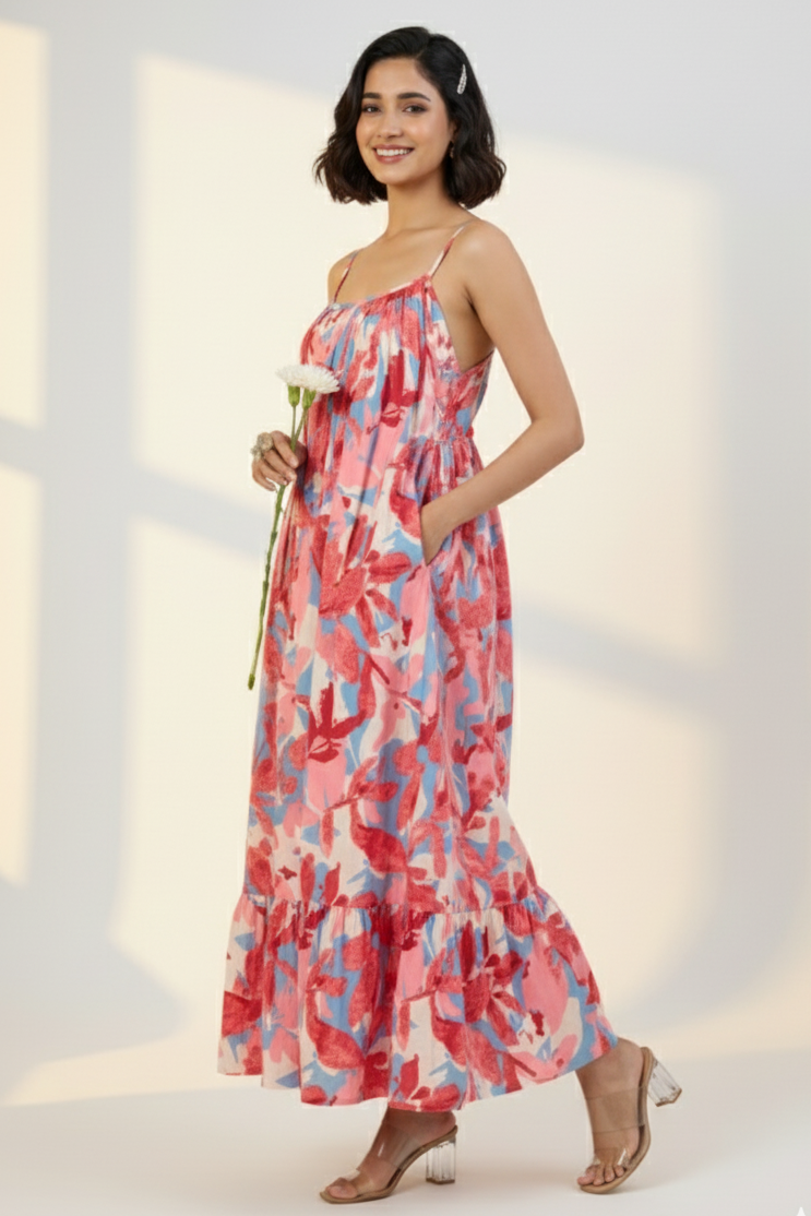 Blush Blue Pastel Roses Long Ruffle Strap Dress