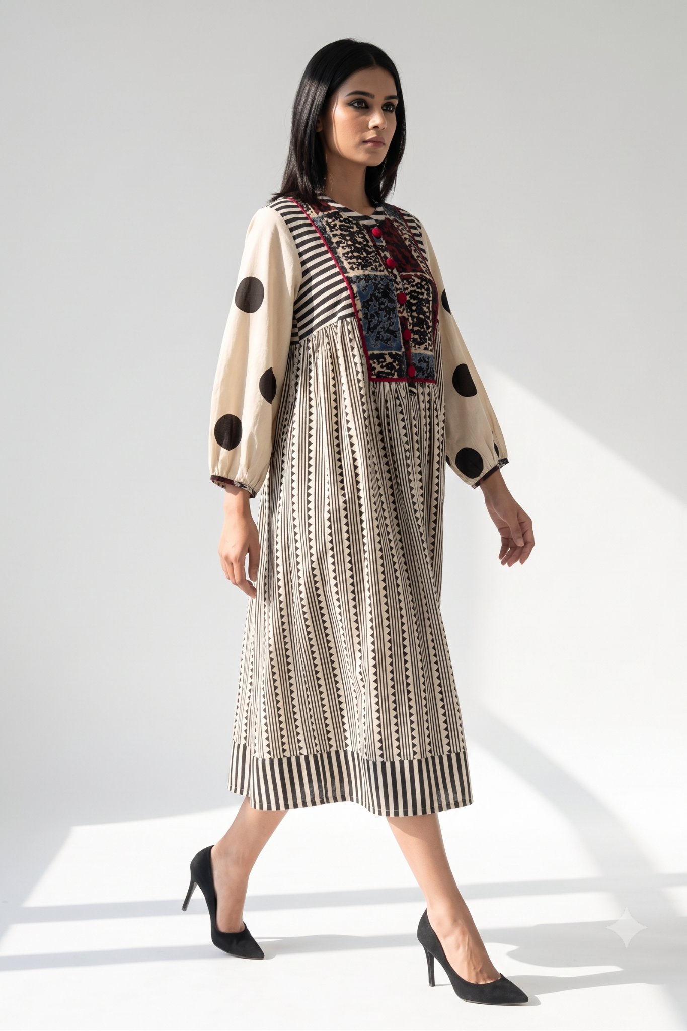 Black Dotlines Pattern Story Cotton Gather Dress with Yoke