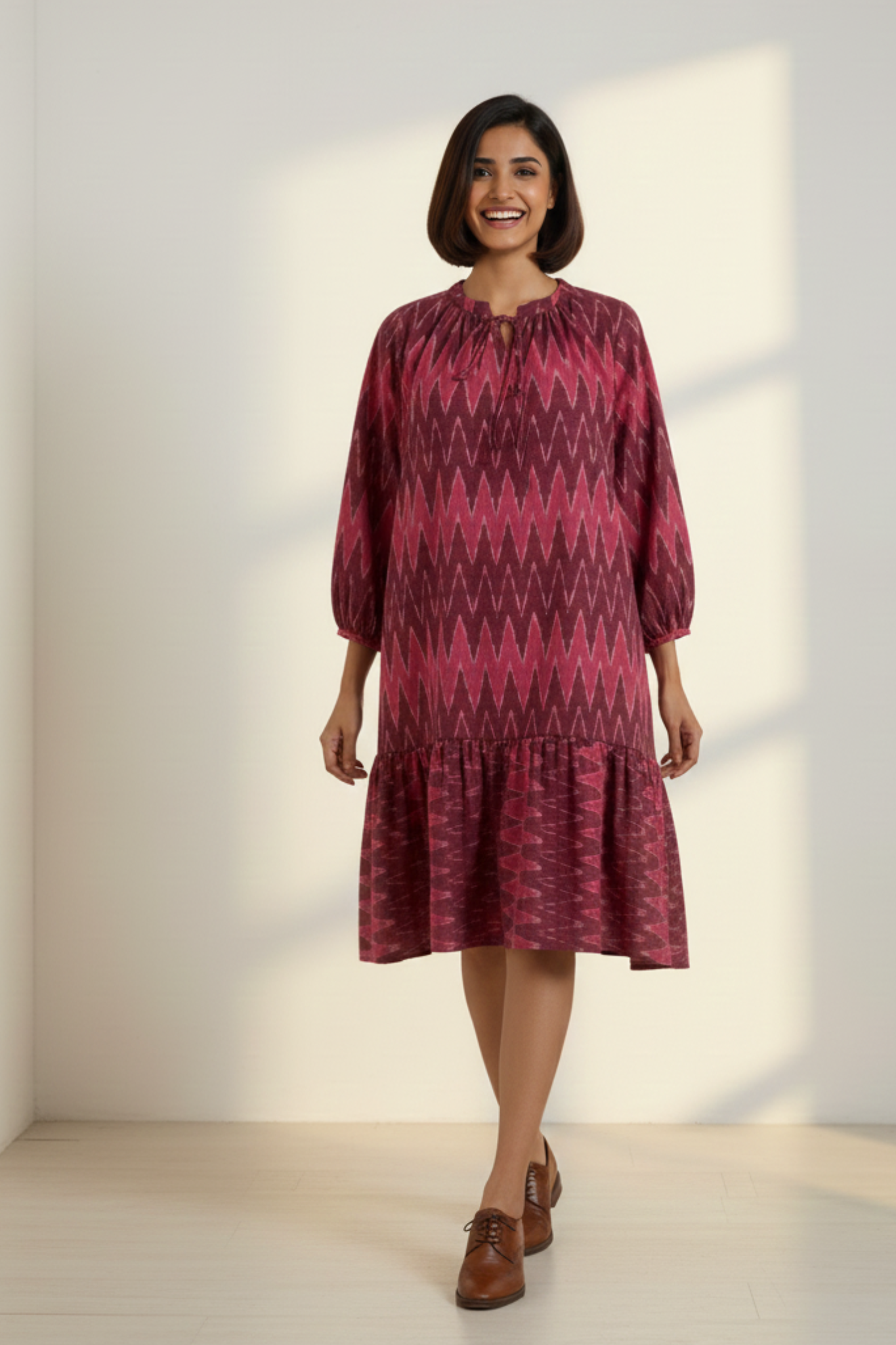 Crimson Chevron Ruffle Midi Dress
