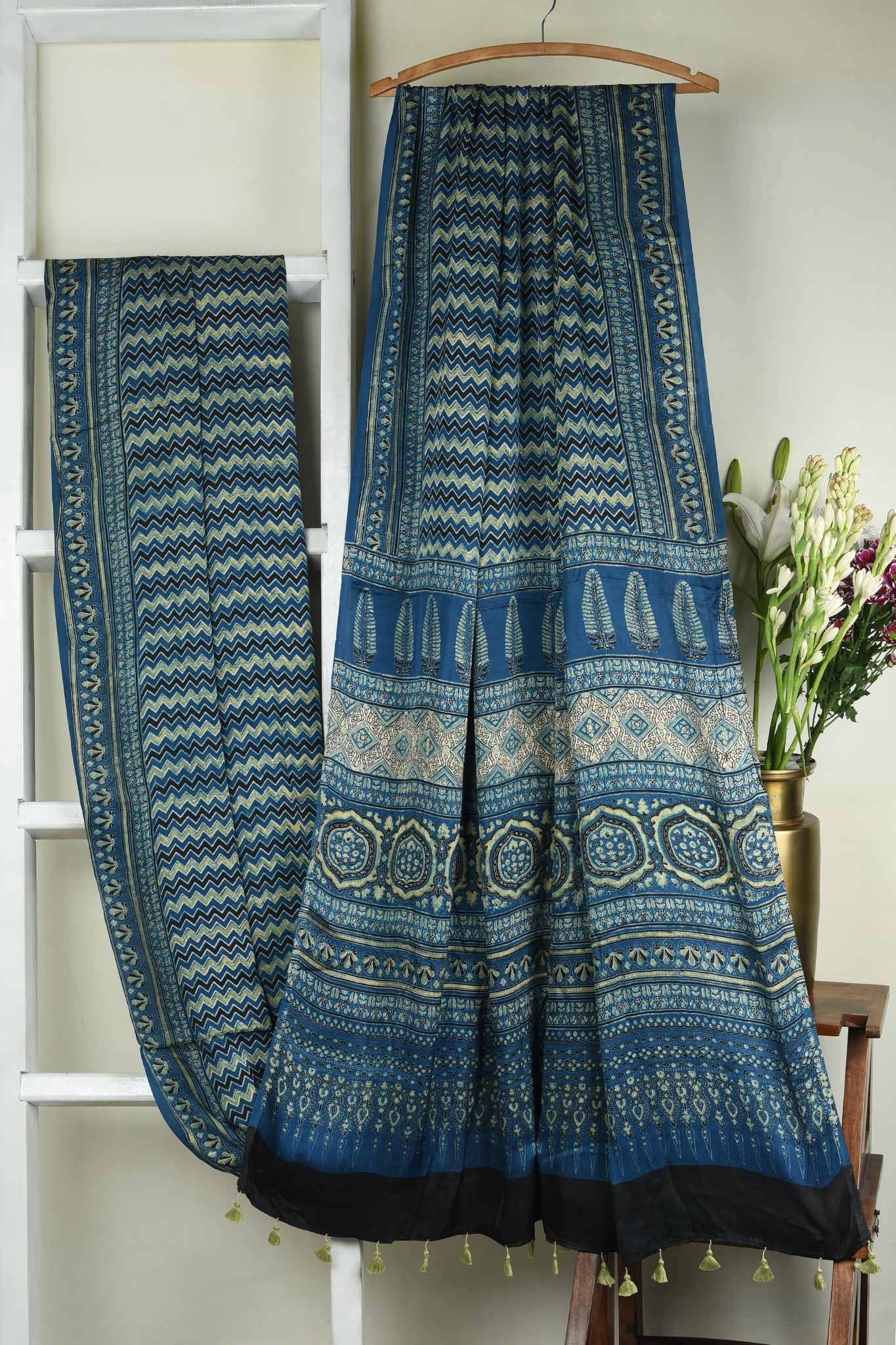 ajrakh modal silk sarees - indigo zigzag & waterscape delight