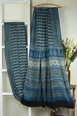 ajrakh modal silk sarees - indigo zigzag & waterscape delight