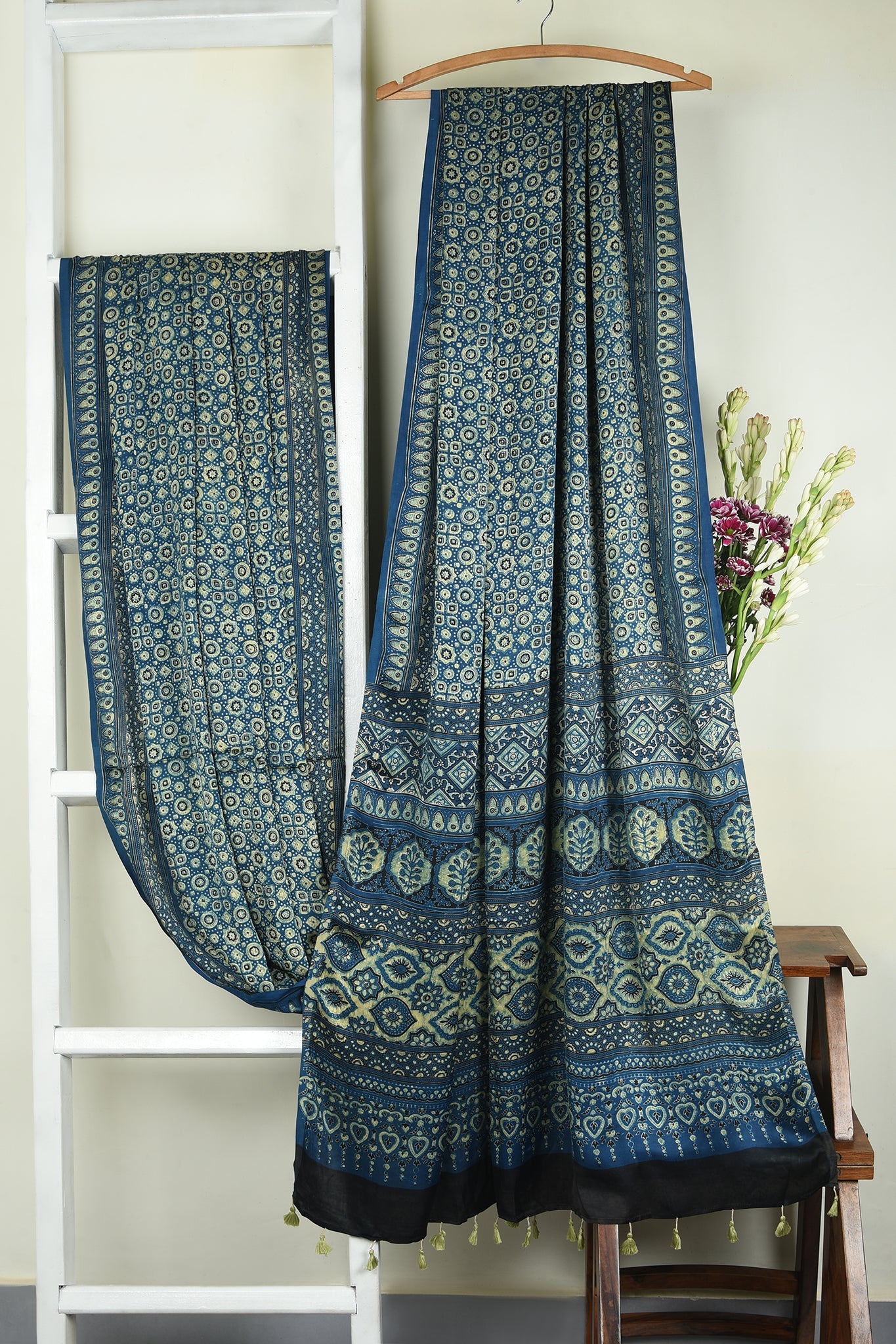 ajrakh modal silk sarees - azure twilight & gold hues