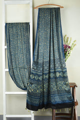 ajrakh modal silk sarees - azure twilight & gold hues