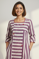 Lavender Stride Cotton Square Neck Panelled Long Kurta
