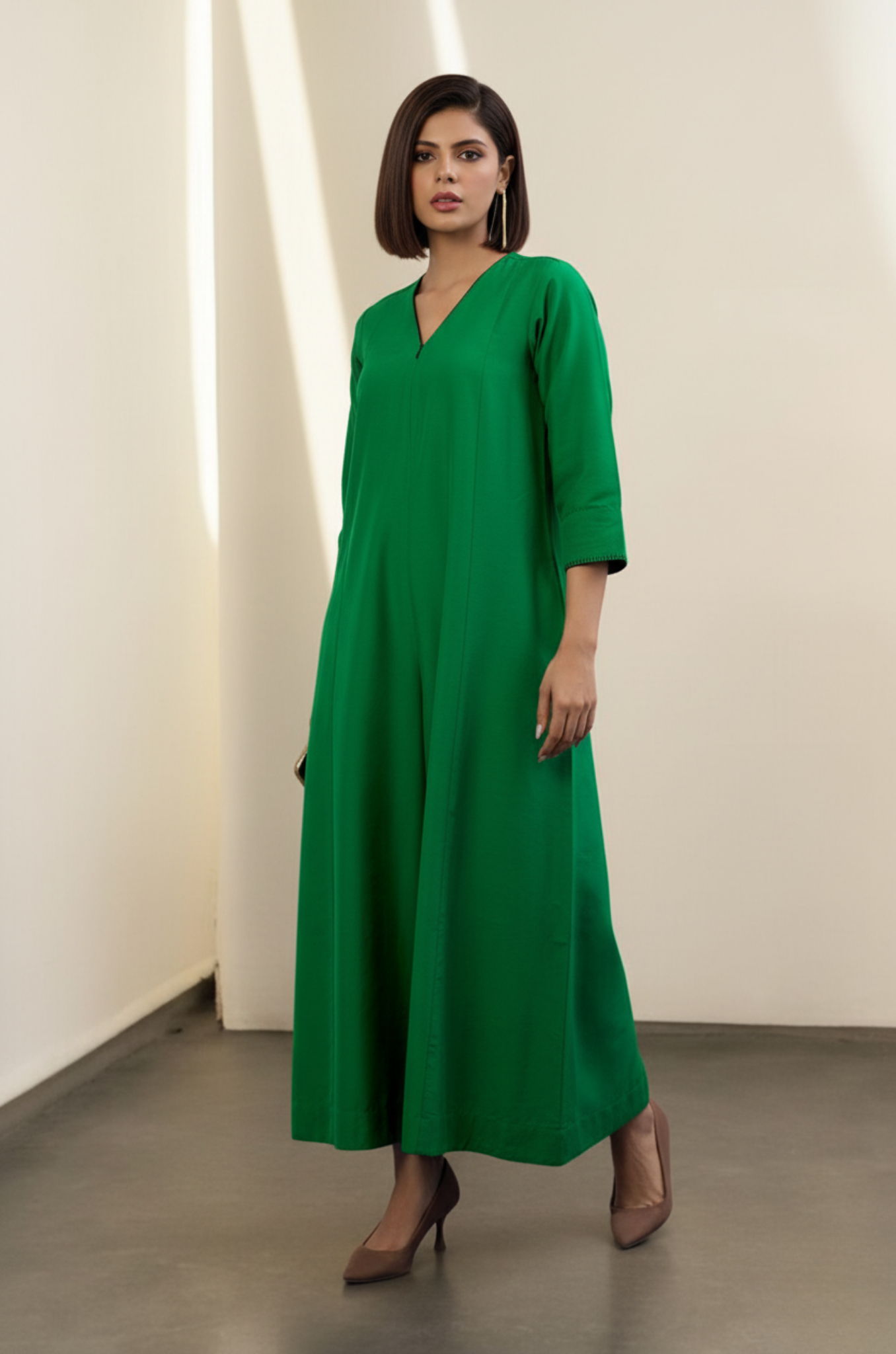 Leafsong Green Silk Slub Front Zipper Jumpsuit with Pockets & Sleeves