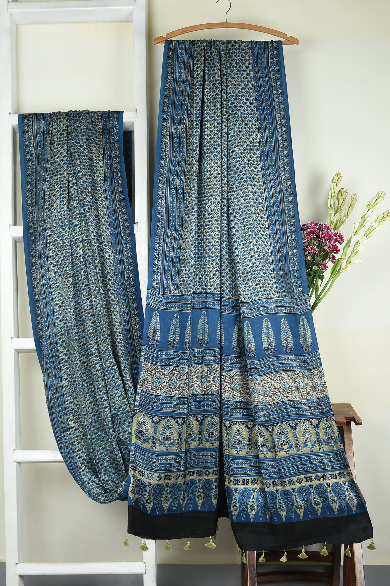 ajrakh modal silk sarees - mughal garden & indigo treasures