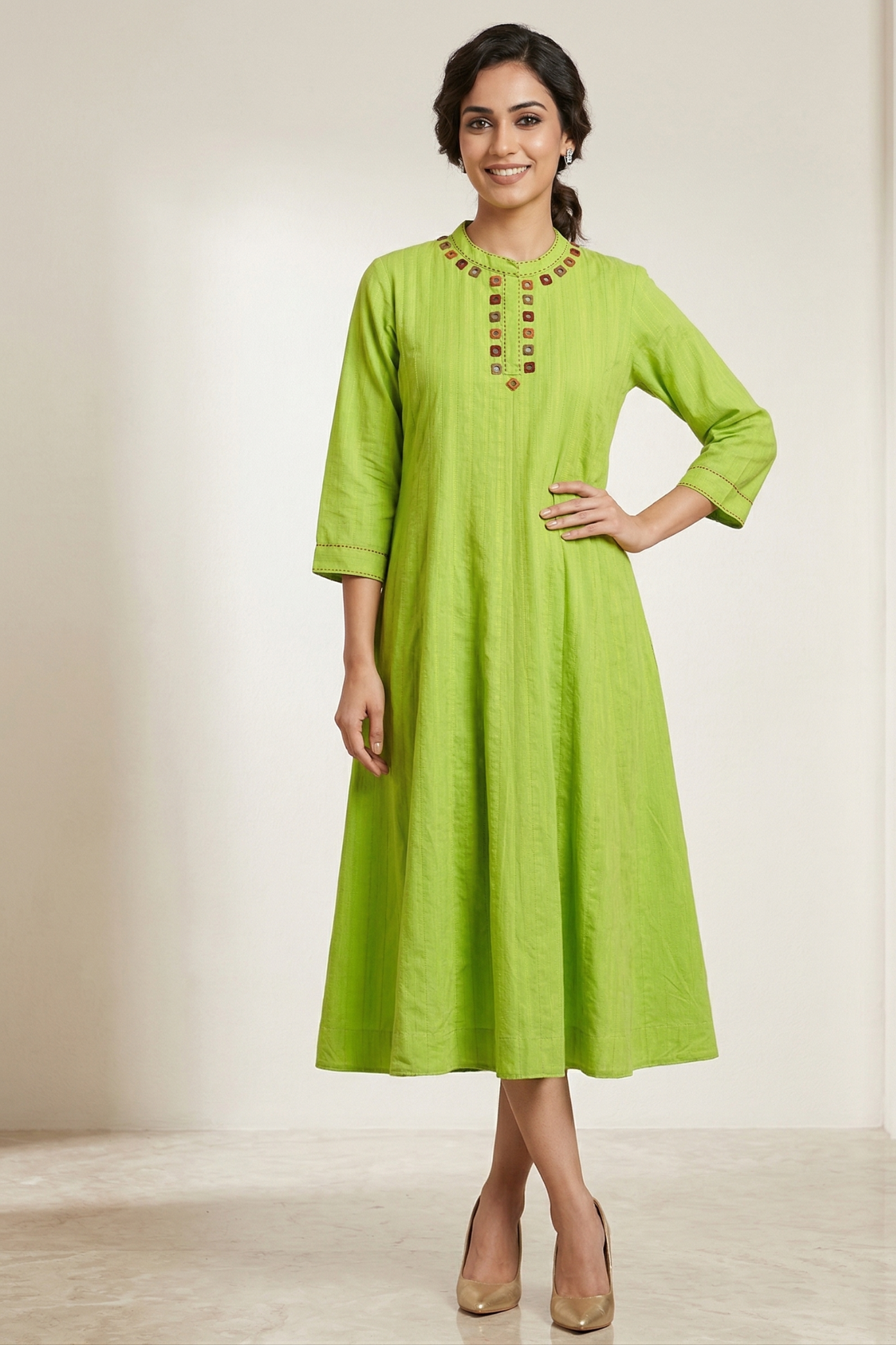 Kairi Bloom Cotton Stand Collar Pintuck Yoke Anarkali