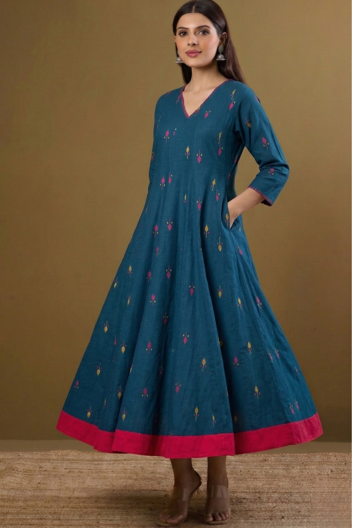 Blueberry Bloom Motifs Long Maxi Dress With Sleeves