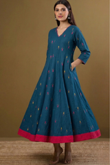 Blueberry Bloom Motifs Long Maxi Dress With Sleeves