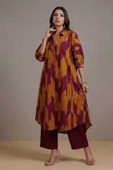 Burnt Sienna Gold Ikat Cotton Collar Box Pleat Kurta