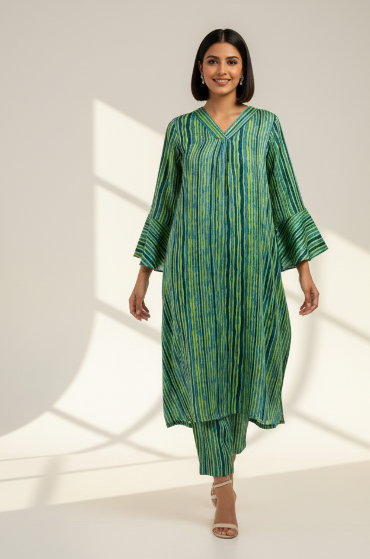 Coord Set- Coastal Canopy Stripes Modern Long Tunic Kurta and Pants