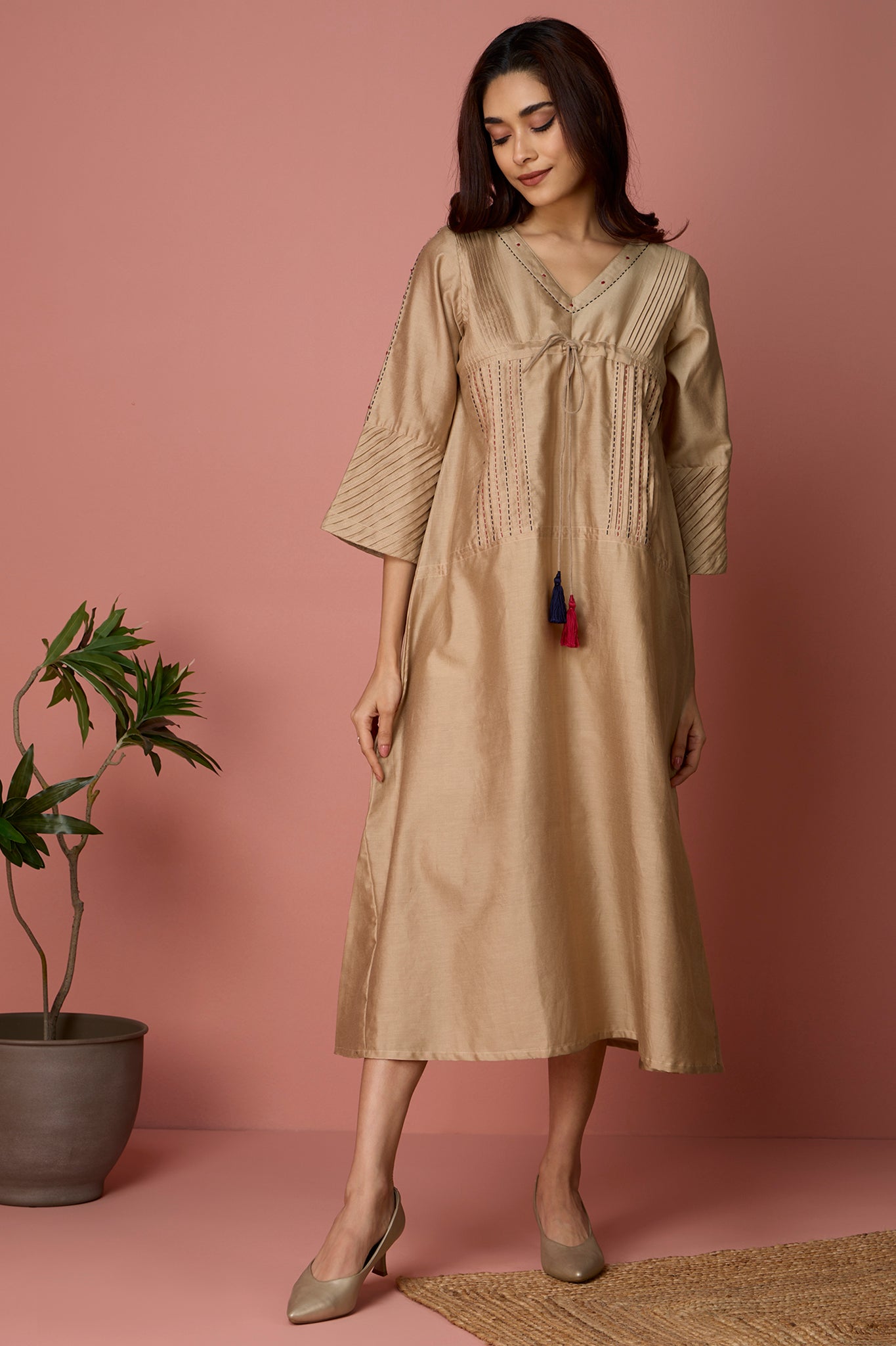 chanderi kimono kaftan dress - Golden Glow & Maroon Accents