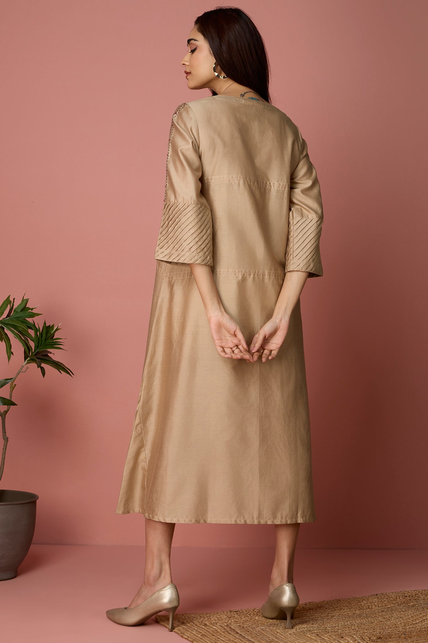 chanderi kimono kaftan dress - Golden Glow & Maroon Accents