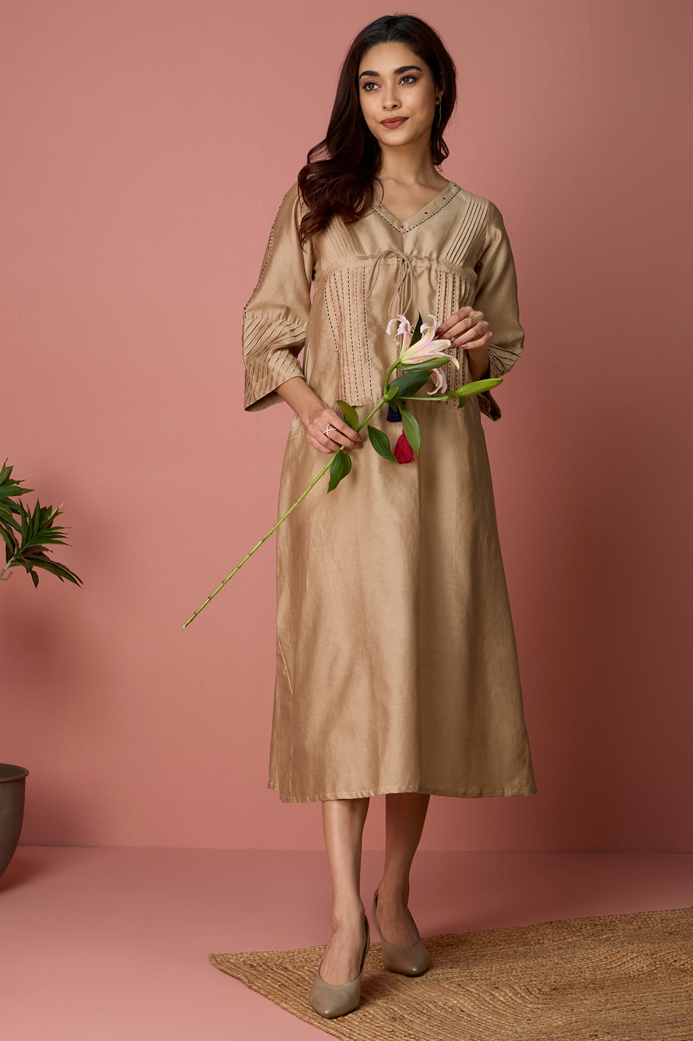 chanderi kimono kaftan dress - Golden Glow & Maroon Accents