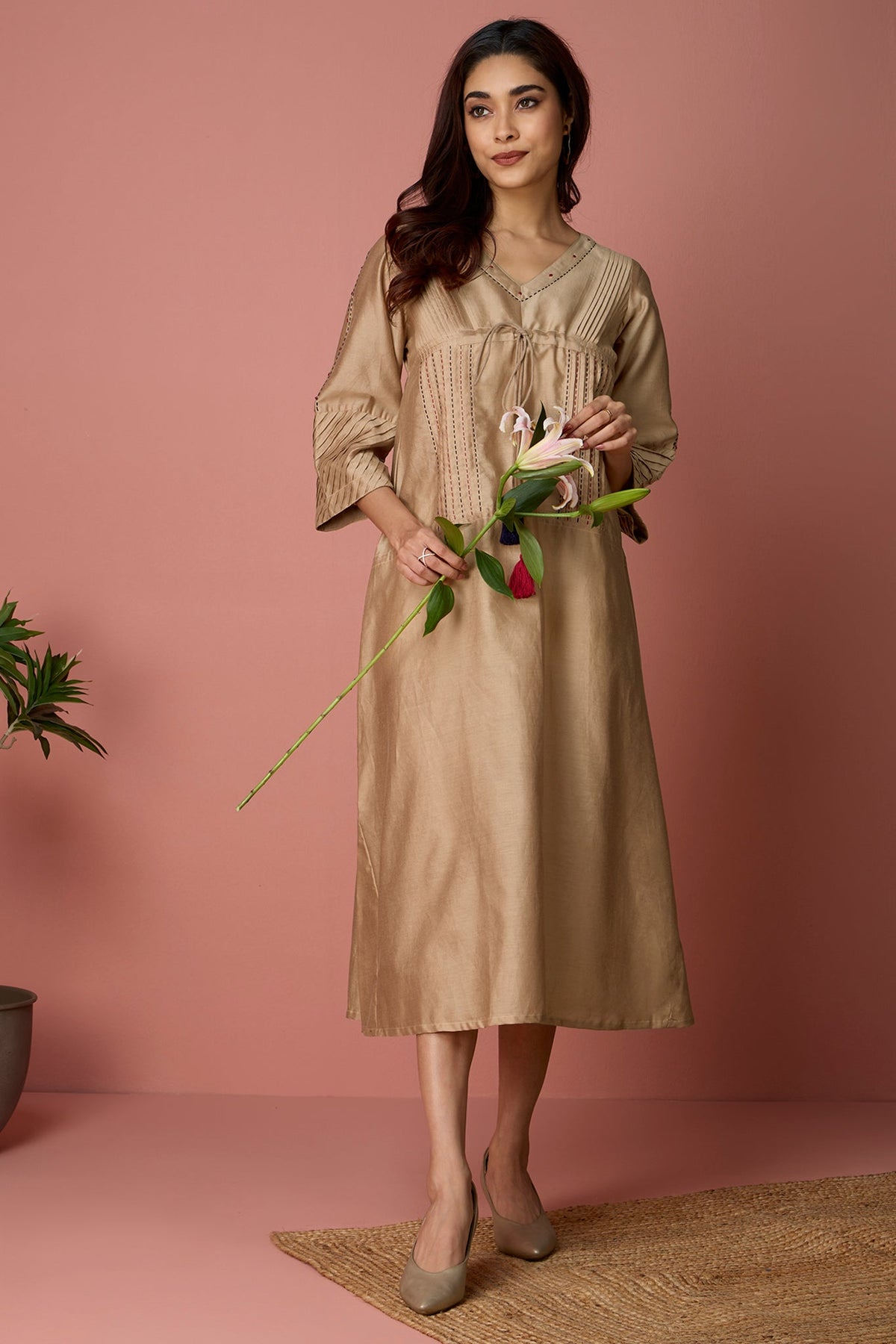 chanderi kimono kaftan dress - Golden Glow & Maroon Accents