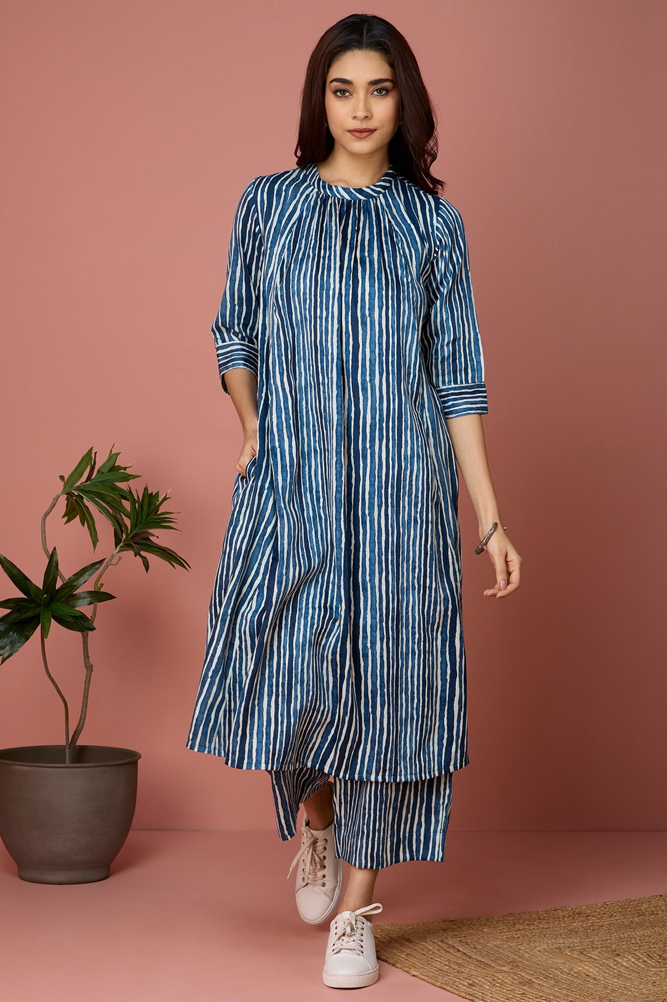 crew neck a-line gather dress - Azure Zephyr & Ivory Threads