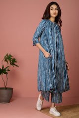 crew neck a-line gather dress - Azure Zephyr & Ivory Threads