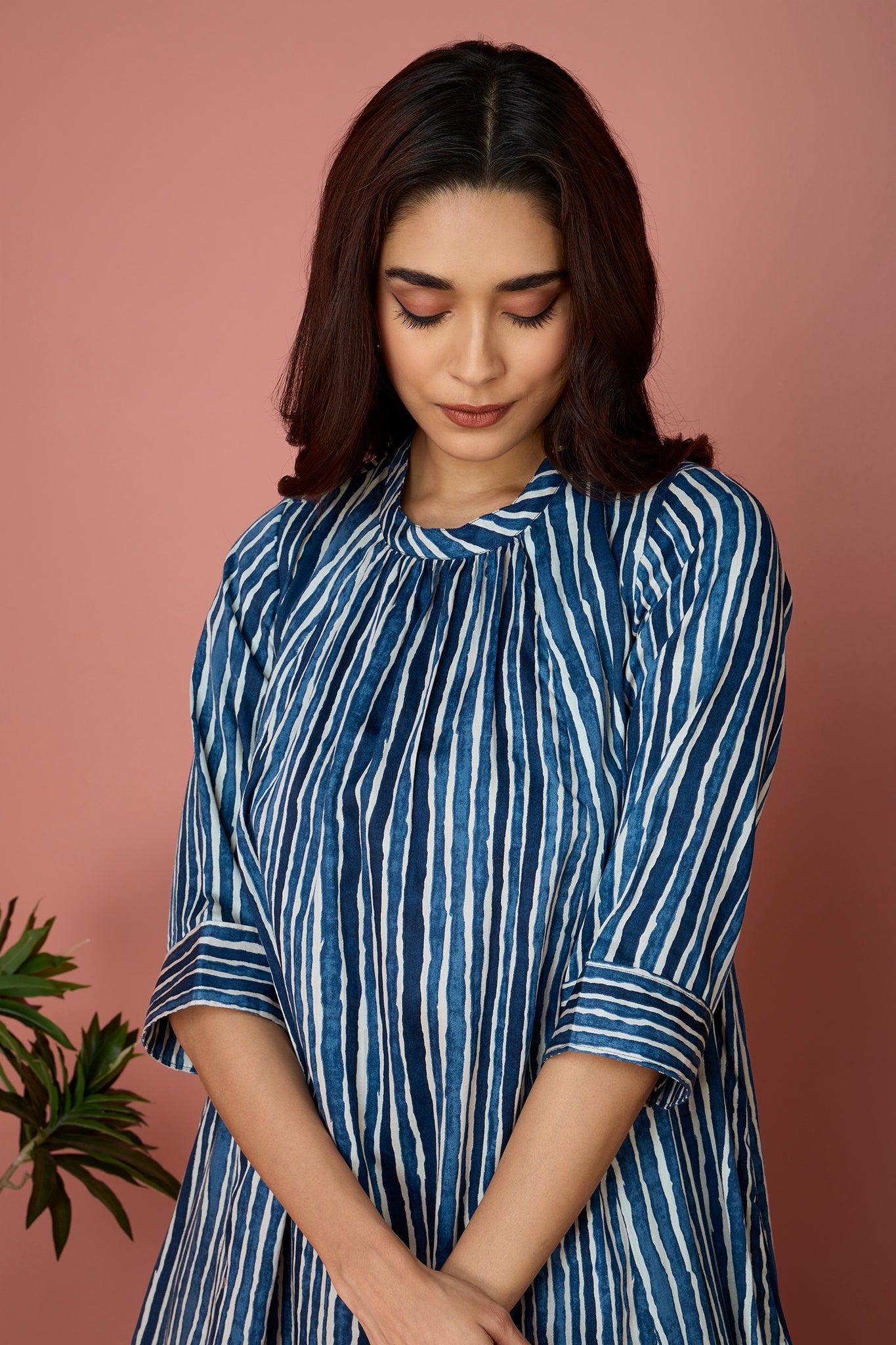 crew neck a-line gather dress - Azure Zephyr & Ivory Threads