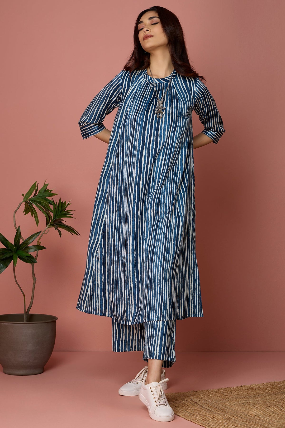 crew neck a-line gather dress - Azure Zephyr & Ivory Threads