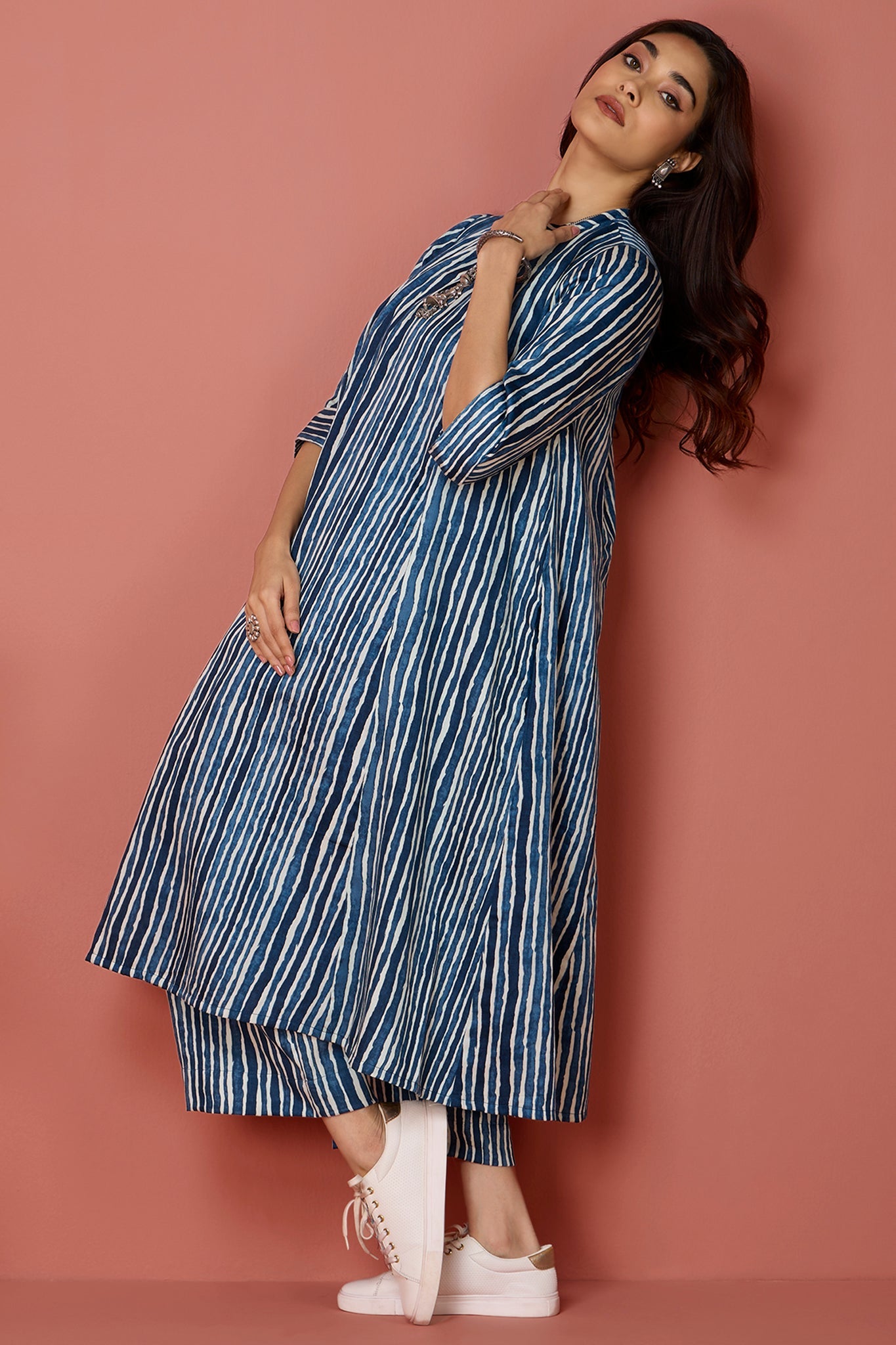 crew neck a-line gather dress - Azure Zephyr & Ivory Threads