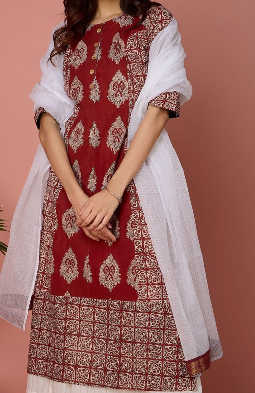 cotton kota dupatta - ivory and red jari