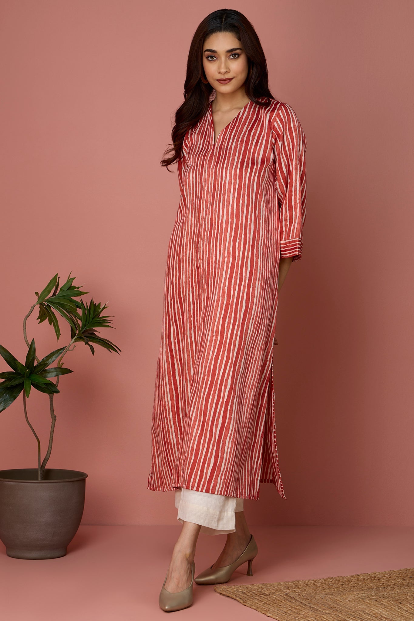 Front zipper a-line kurta - Orange Fizz & Creamsicle Striped Bliss