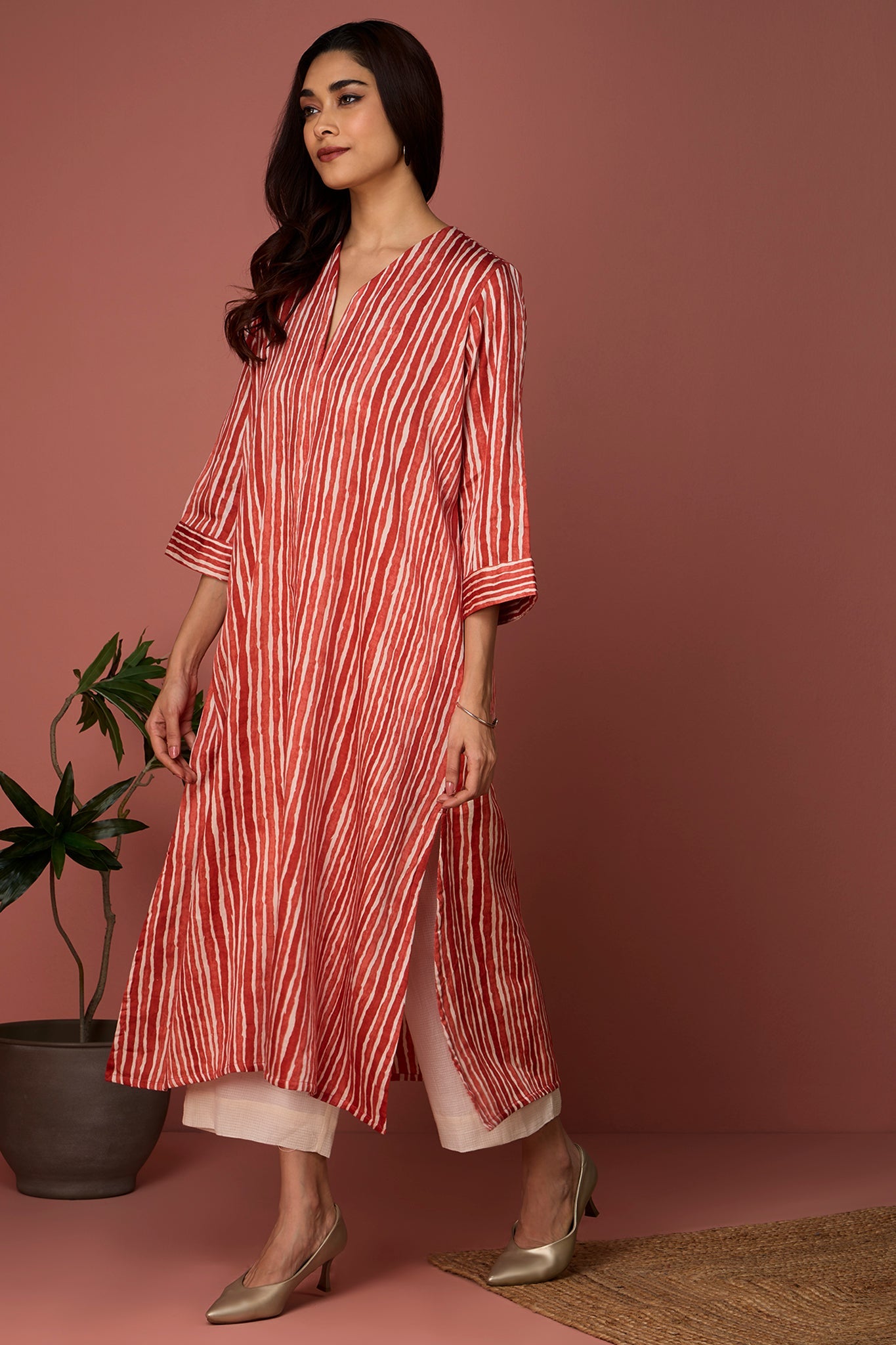 Front zipper a-line kurta - Orange Fizz & Creamsicle Striped Bliss