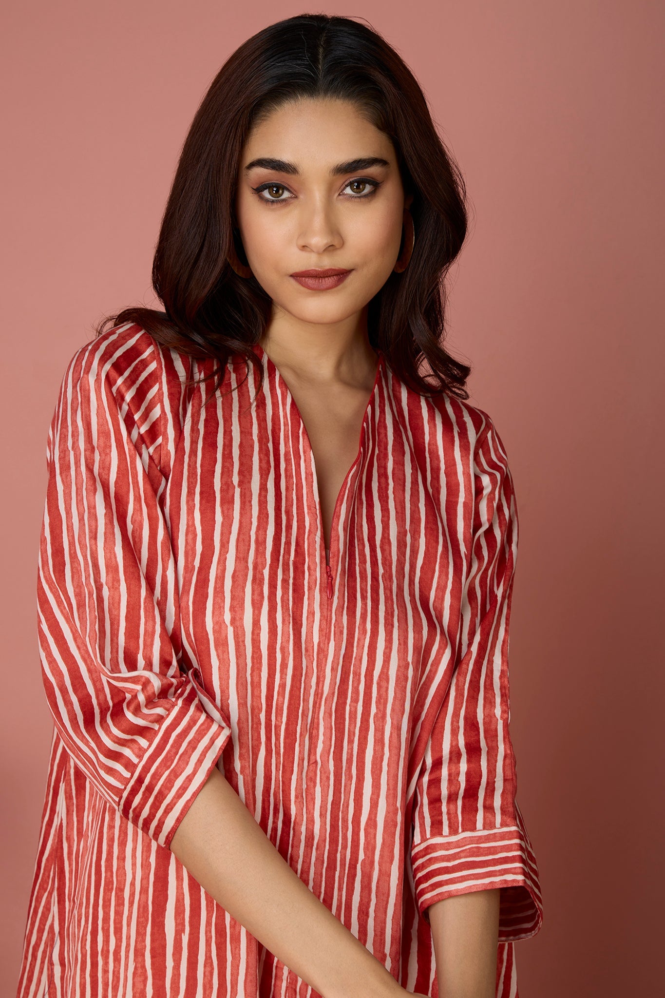 Front zipper a-line kurta - Orange Fizz & Creamsicle Striped Bliss