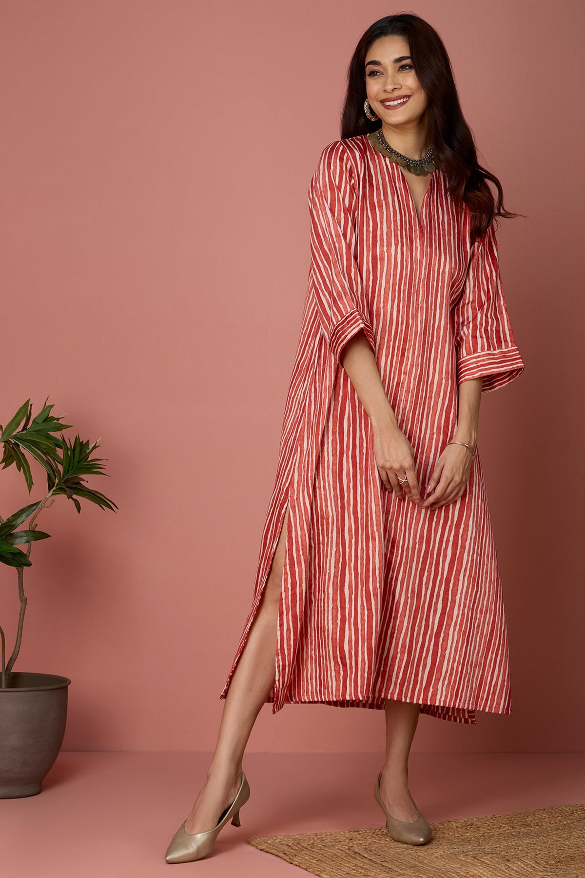 Front zipper a-line kurta - Orange Fizz & Creamsicle Striped Bliss