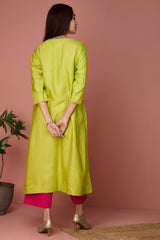 a-line panelled kurta with pockets - Limeade Delight & Rosy Citrine Hues