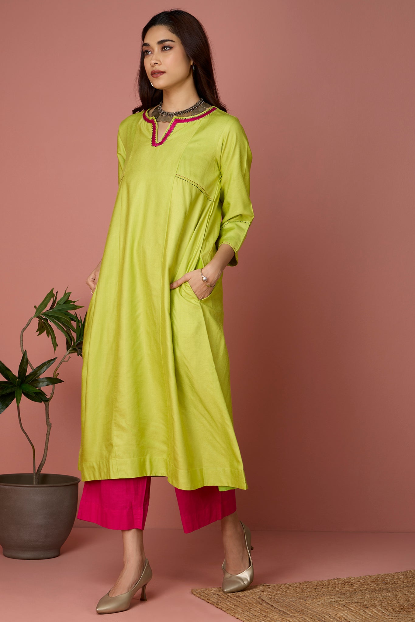a-line panelled kurta with pockets - Limeade Delight & Rosy Citrine Hues