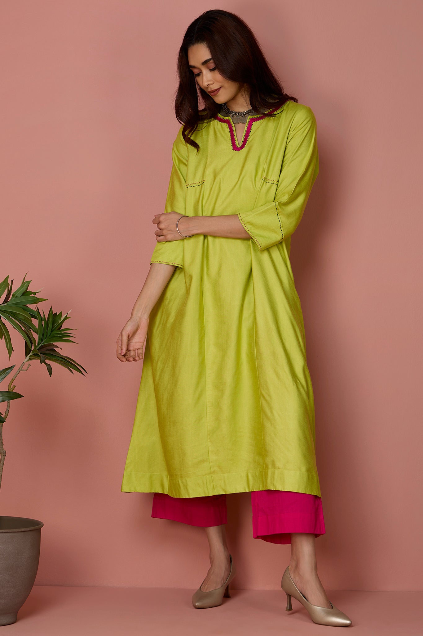a-line panelled kurta with pockets - Limeade Delight & Rosy Citrine Hues