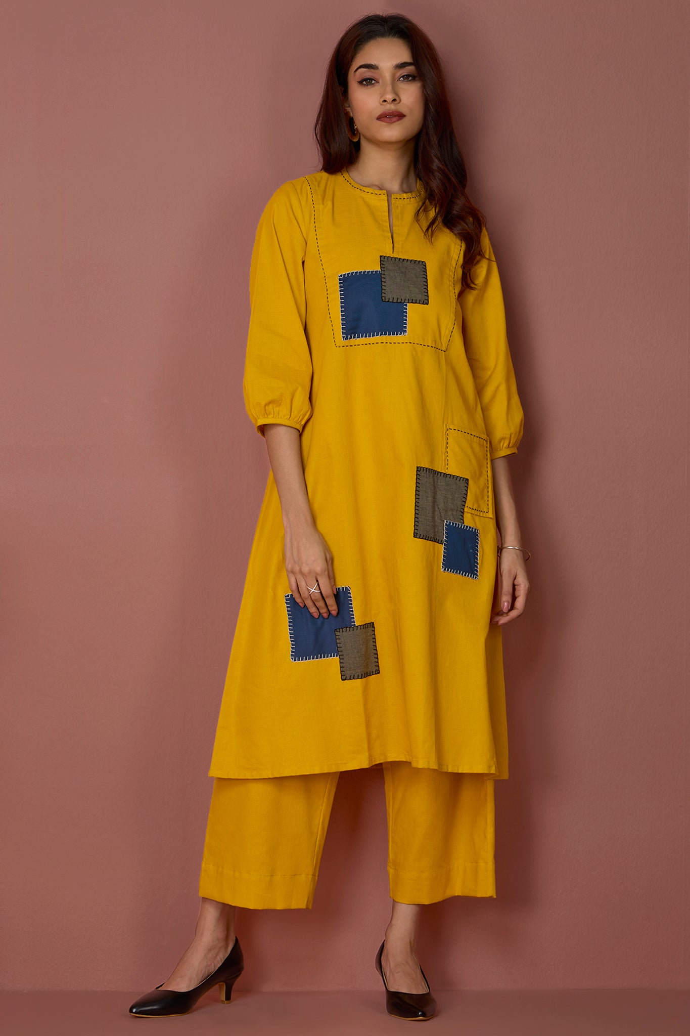 long yoke kurta with patch pocket - Golden Twilight & Azure Slate Checks