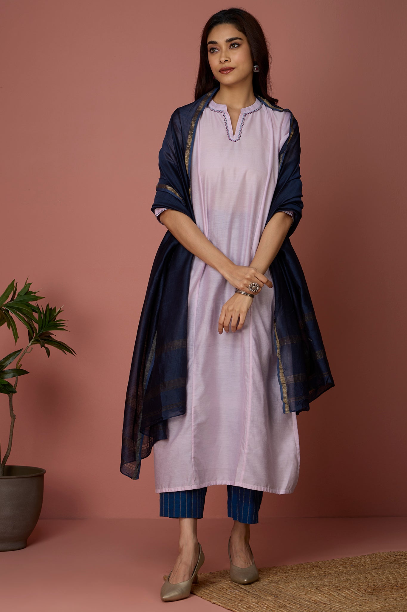 long chanderi kurta with collar - Soft Rose & Serenity