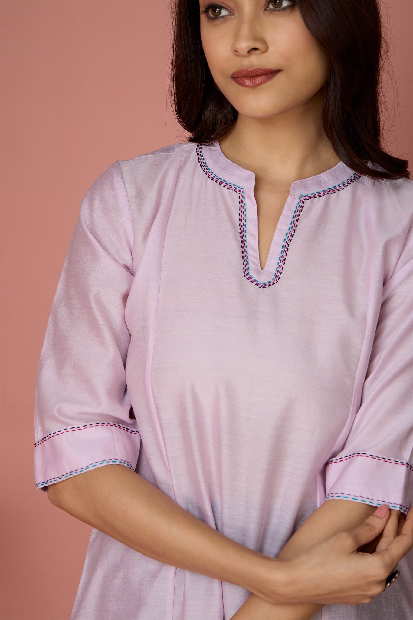 long chanderi kurta with collar - Soft Rose & Serenity