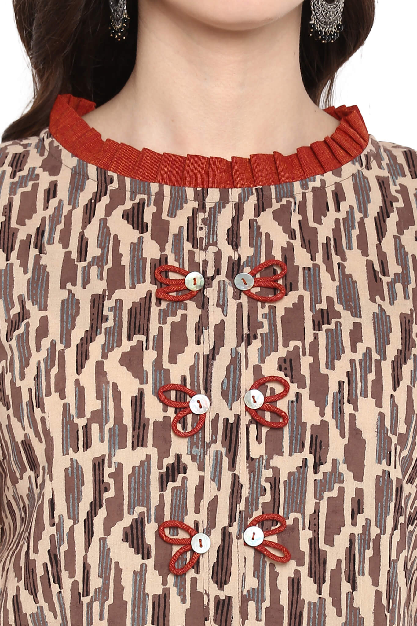 ASYMMETRICAL DRESS IN MINI PLEATED ROUND NECK- Terracotta and collar