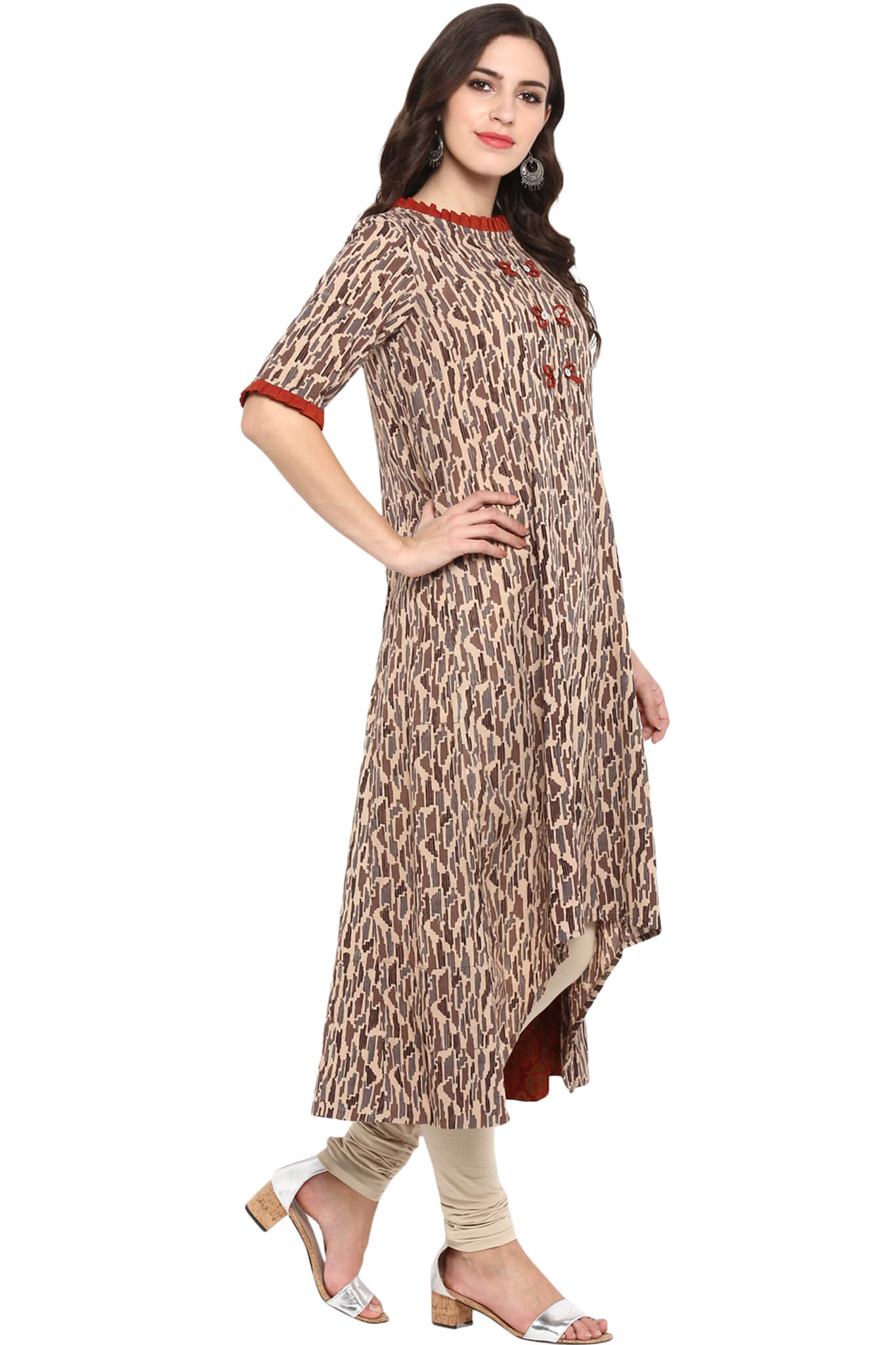 ASYMMETRICAL DRESS IN MINI PLEATED ROUND NECK- Terracotta and collar