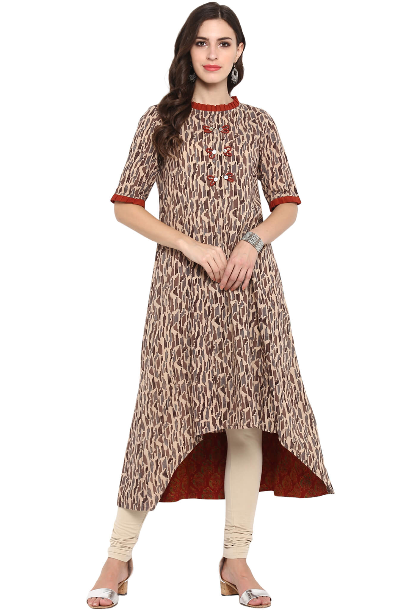 ASYMMETRICAL DRESS IN MINI PLEATED ROUND NECK- Terracotta and collar