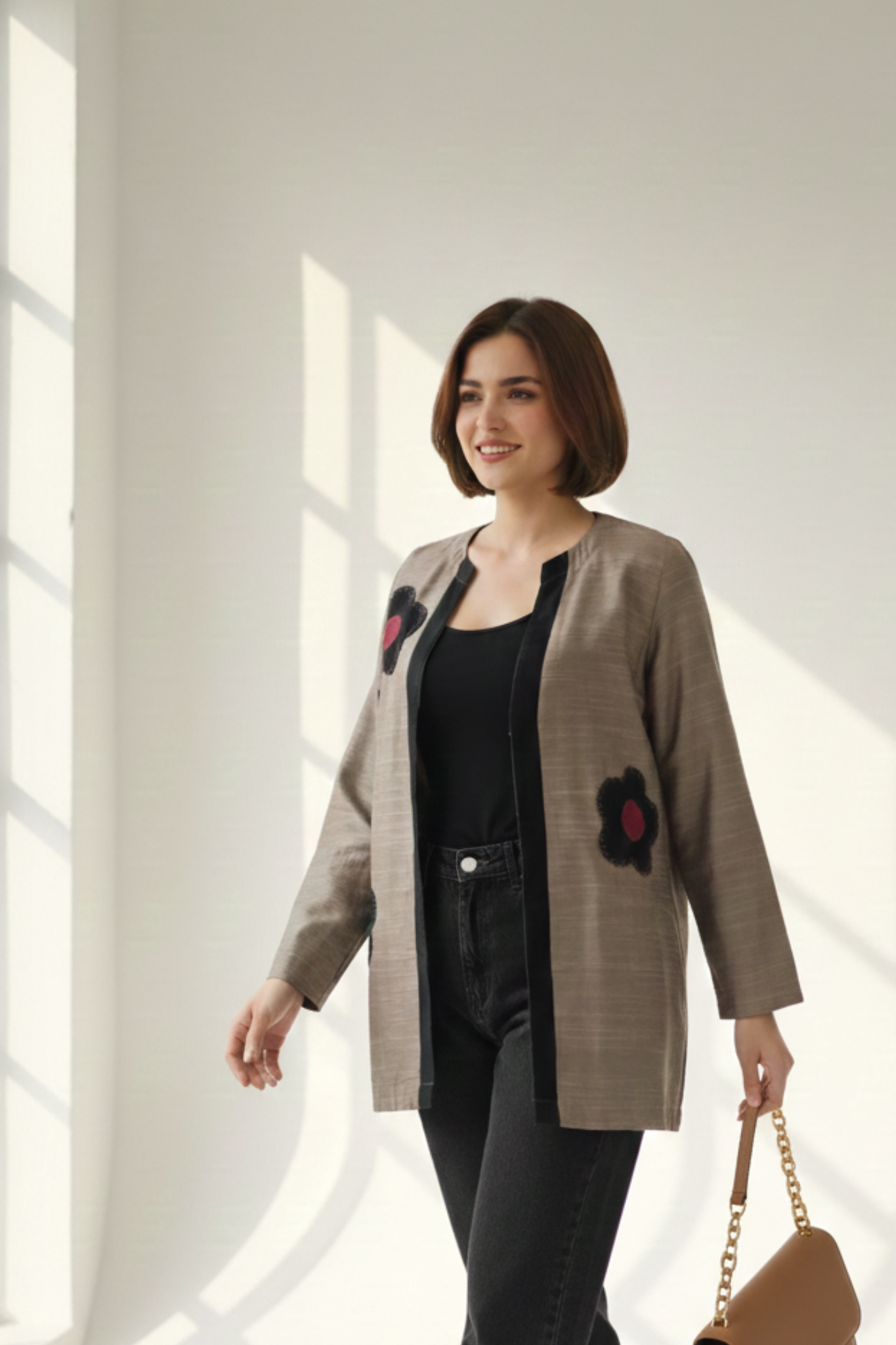 Dusky Gold Red Buttercup Applique Luxe Silk Slub Short Jacket