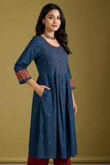 Blue Saffron Butti Pintuck Yoke & Sleeve Kalidar Kurta