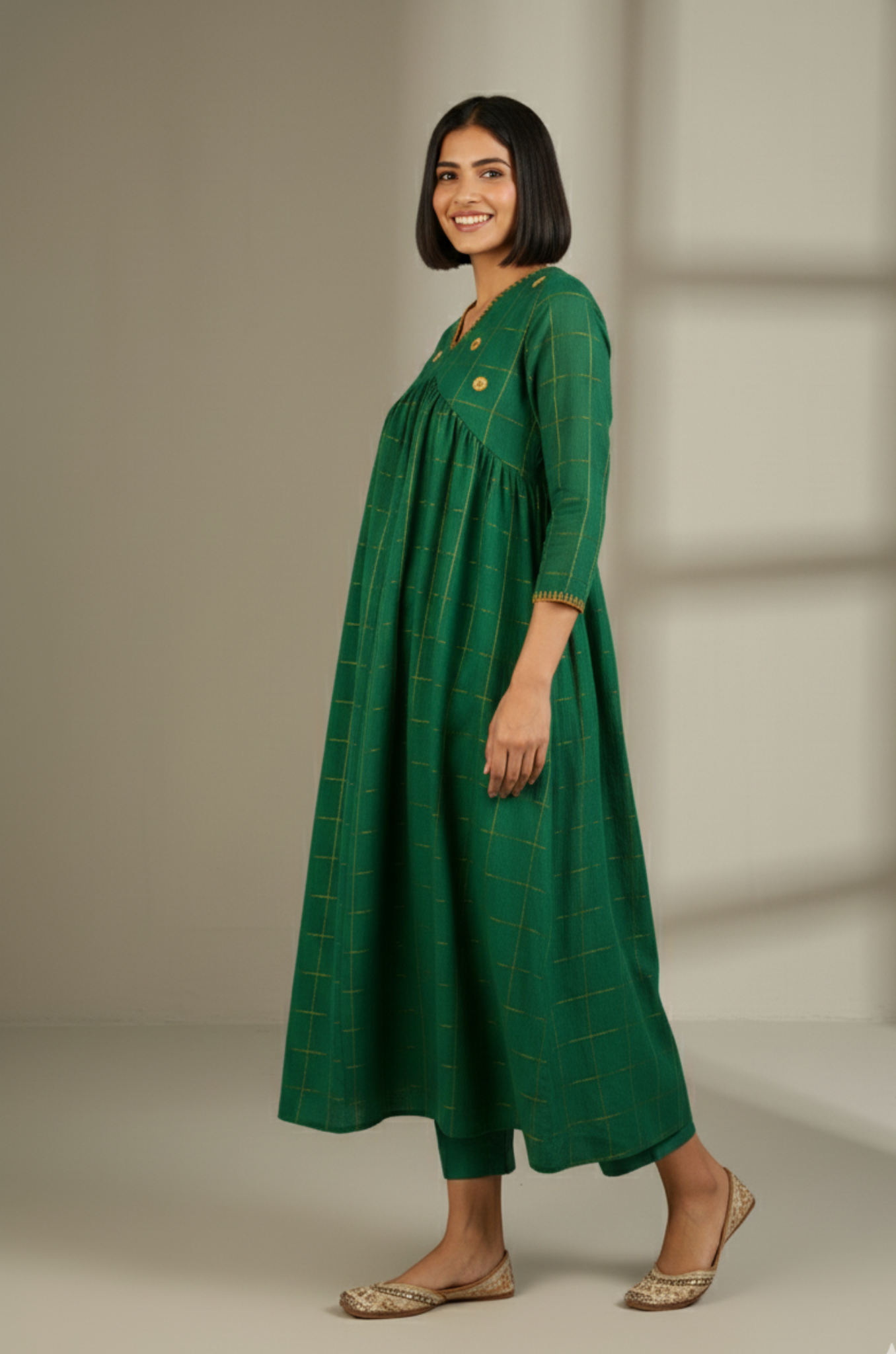 Emerald Checks  & Gold V-Neck Gather Anarkali