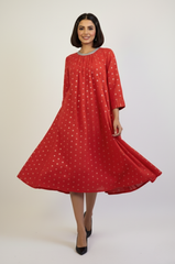 Crimson Spark Cotton Crew Neck Gather Dress