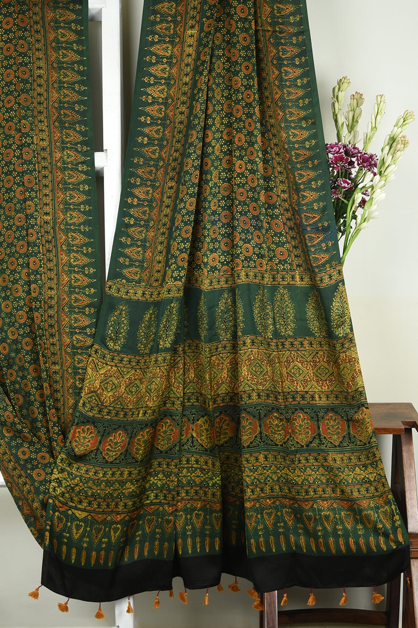 ajrakh modal silk sarees - glistening emerald & gold symphony
