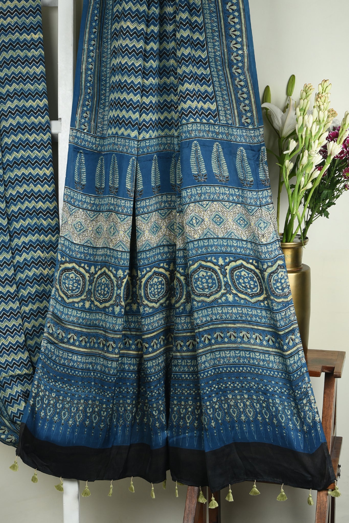 ajrakh modal silk sarees - indigo zigzag & waterscape delight