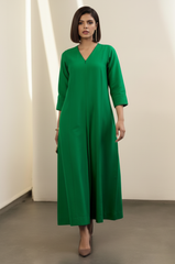 Leafsong Green Silk Slub Front Zipper Jumpsuit with Pockets & Sleeves