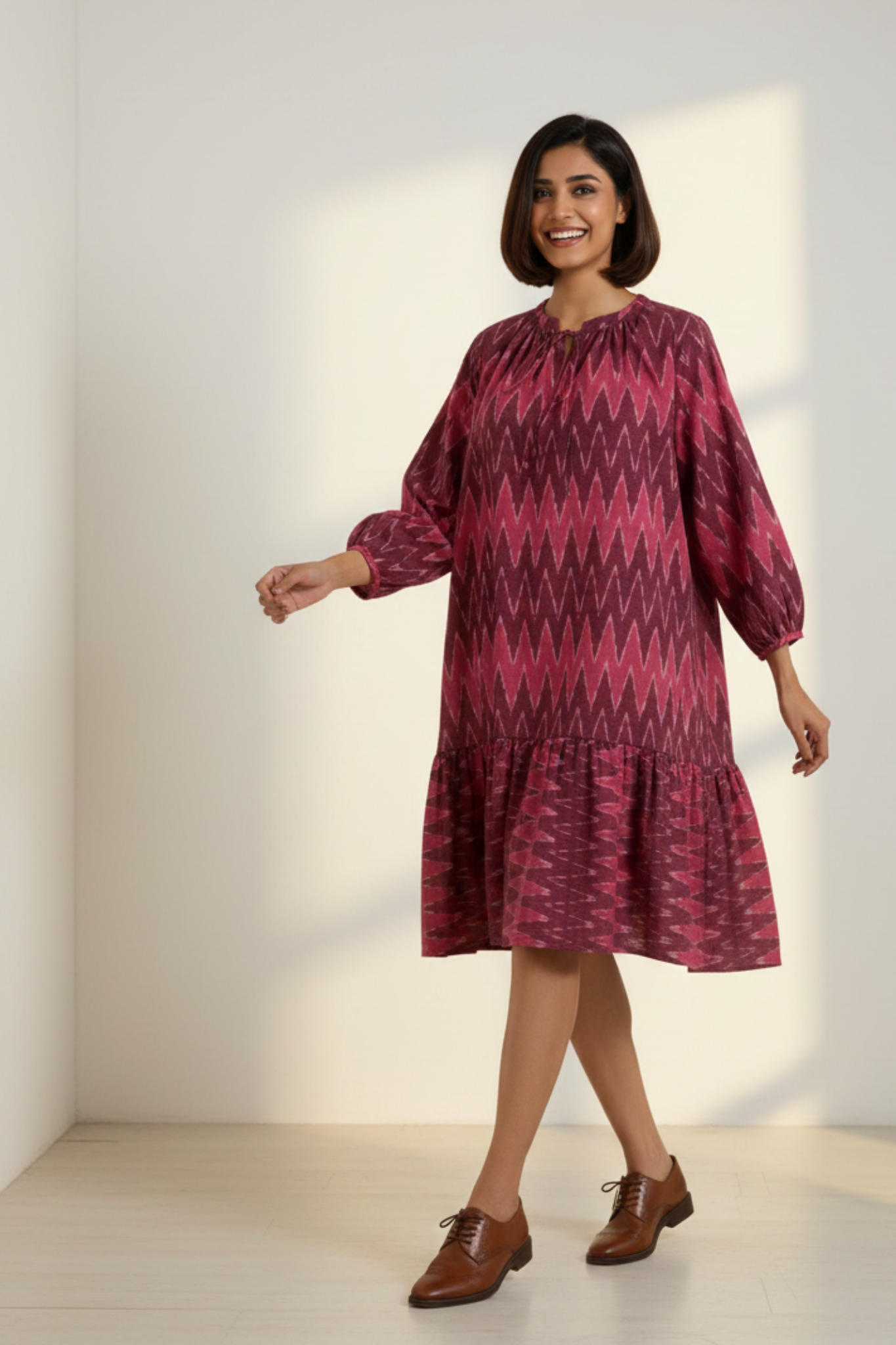 Crimson Chevron Ruffle Midi Dress
