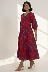Amethyst Flame V-Neck Midi Dress with Elevated Sleeves